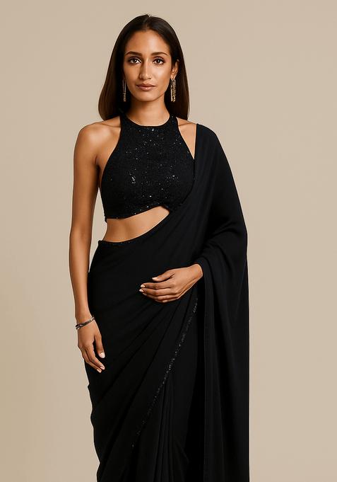 Black Sequin Blouse Georgette Pre Draped Saree Set