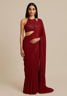 Maroon Embroidered Blouse Chinon Chiffon Pre Draped Saree Set