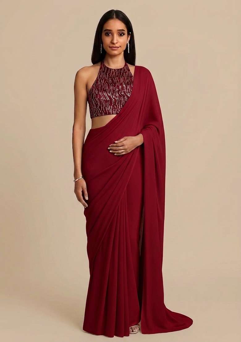 Maroon Blouse Chinon Chiffon Pre Draped Saree Set with Embroidered for Diwali | Wedding & Festive Wear - Indya