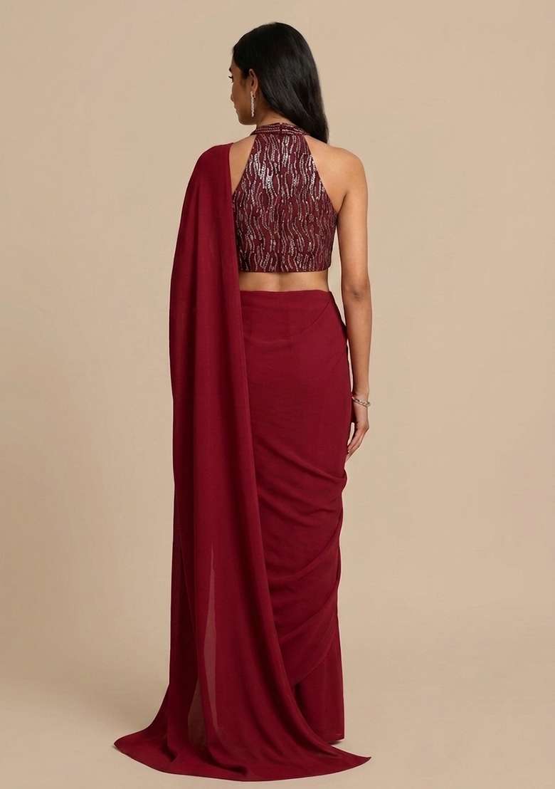 Maroon Blouse Chinon Chiffon Pre Draped Saree Set with Embroidered for Diwali | Wedding & Festive Wear - Indya