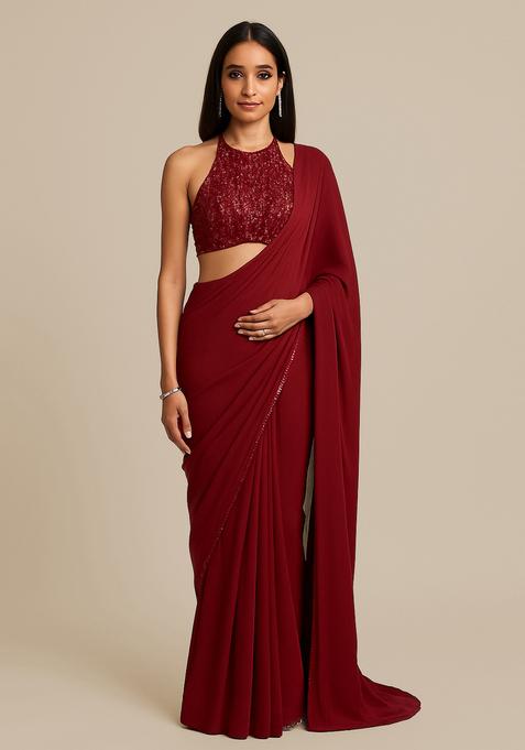Maroon Embroidered Blouse Chinon Chiffon Pre Draped Saree Set