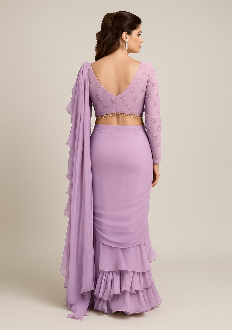 Lilac Embroidered Blouse Georgette Pre Draped Saree Set