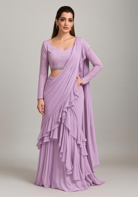 Lilac Embroidered Blouse Georgette Pre Draped Saree Set