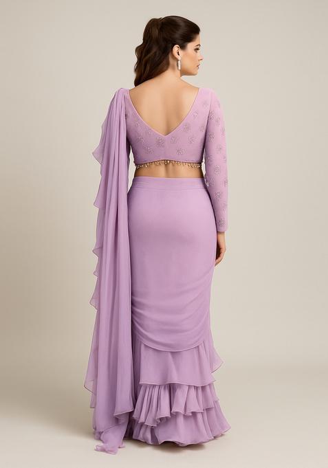Lilac Embroidered Blouse Georgette Pre Draped Saree Set