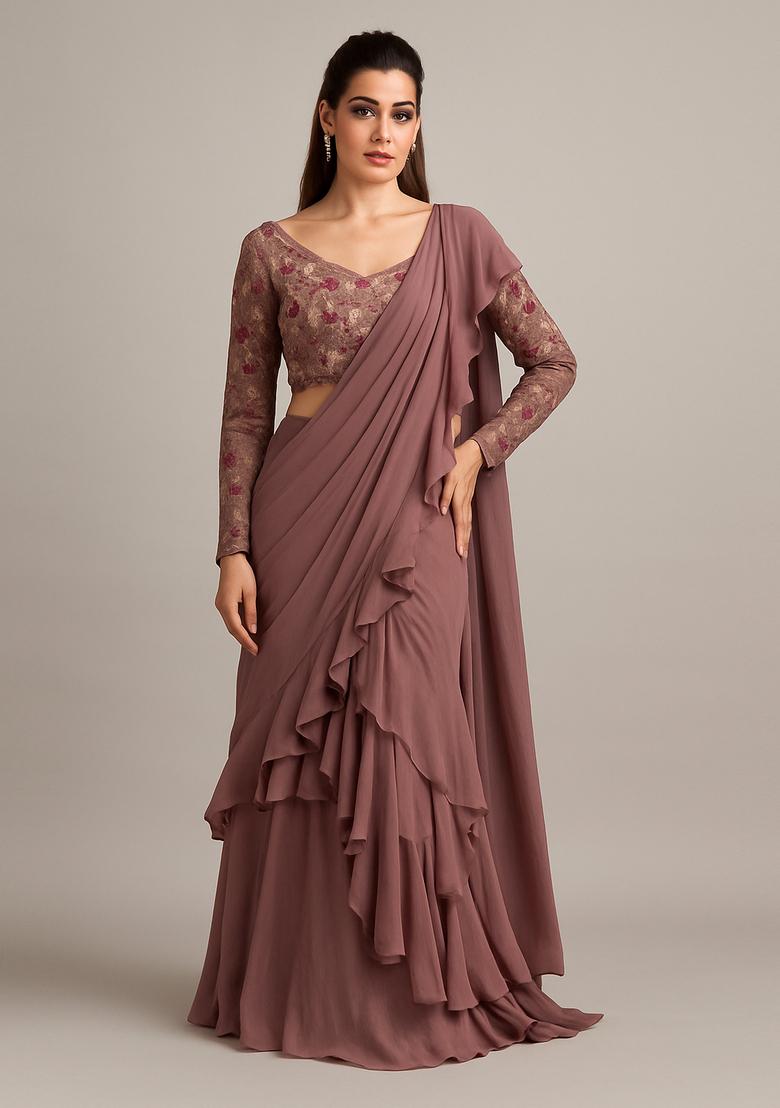 Light Brown Embroidered Blouse Georgette Pre Draped Saree Set