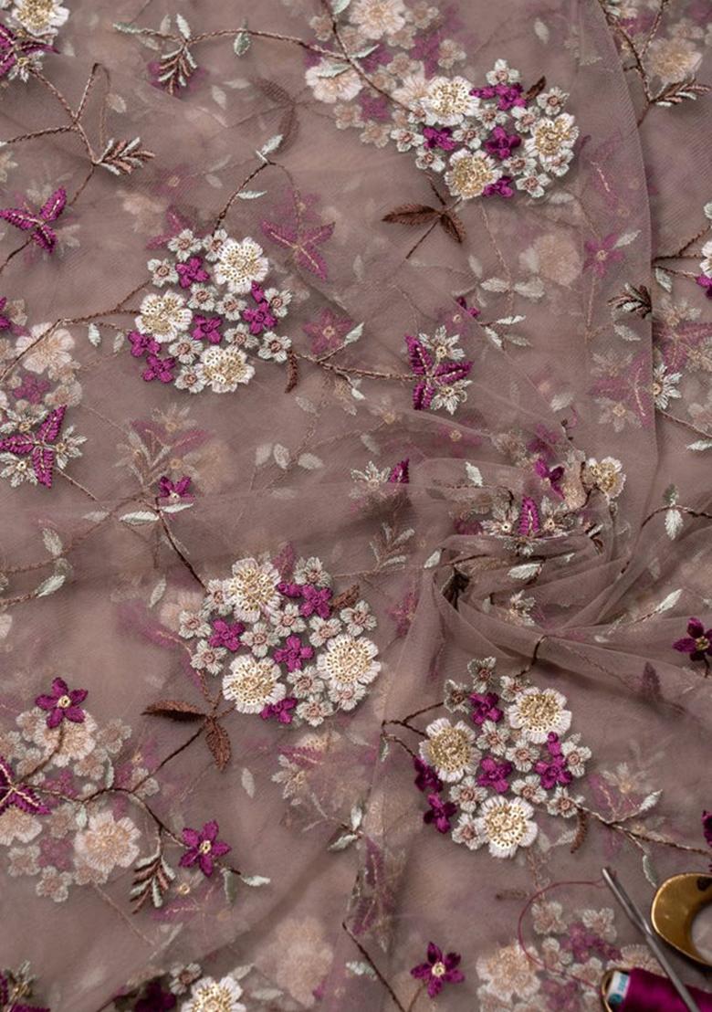 Light Brown Embroidered Blouse Georgette Pre Draped Saree Set