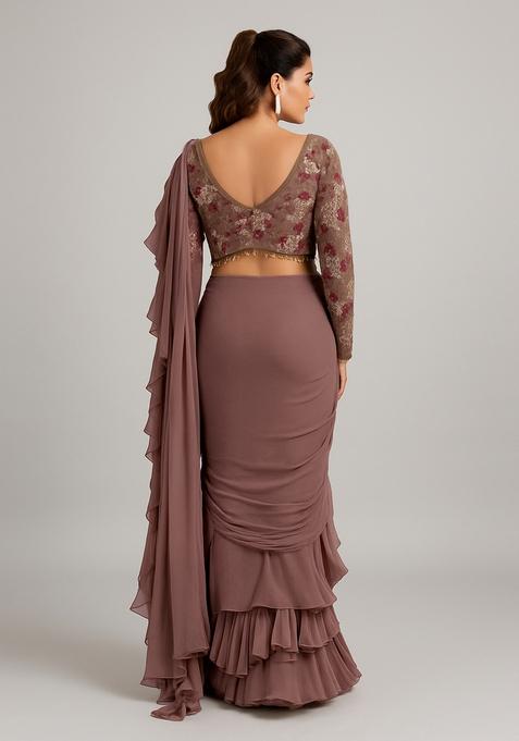 Light Brown Embroidered Blouse Georgette Pre Draped Saree Set