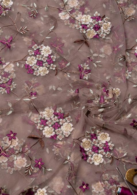 Light Brown Embroidered Blouse Georgette Pre Draped Saree Set