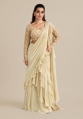 Beige Embroidered Blouse Georgette Pre Draped Saree Set