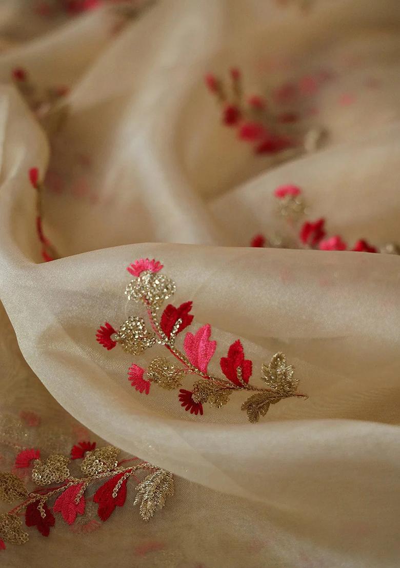 Beige Embroidered Blouse Georgette Pre Draped Saree Set