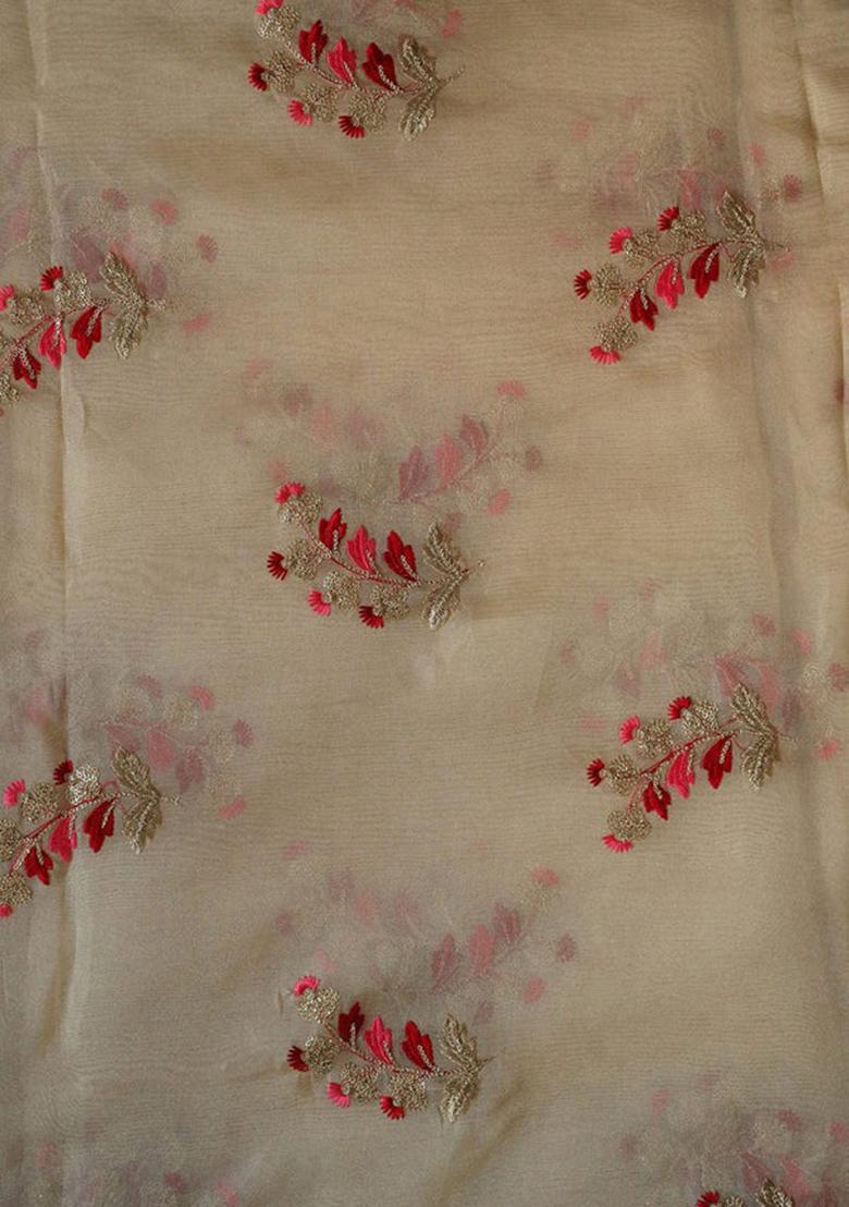 Beige Embroidered Blouse Georgette Pre Draped Saree Set