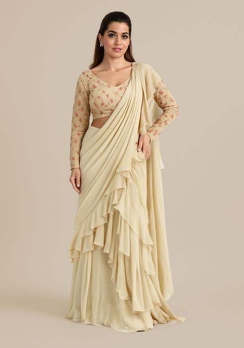 Beige Embroidered Blouse Georgette Pre Draped Saree Set