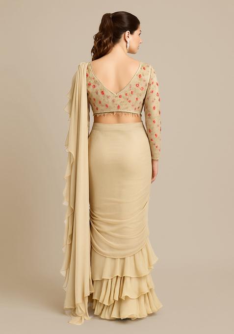 Beige Embroidered Blouse Georgette Pre Draped Saree Set