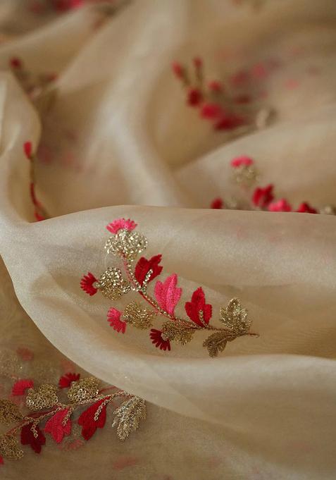 Beige Embroidered Blouse Georgette Pre Draped Saree Set