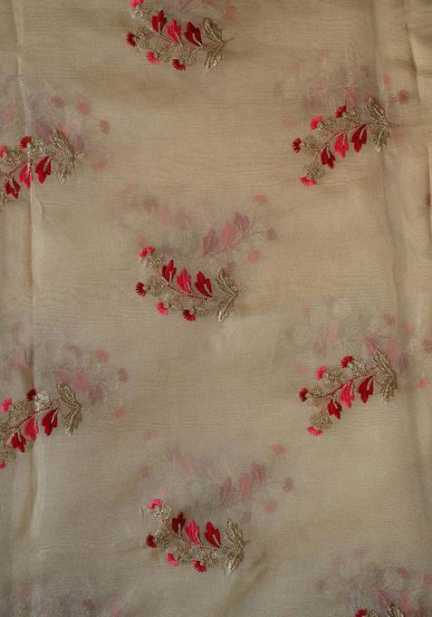 Beige Embroidered Blouse Georgette Pre Draped Saree Set