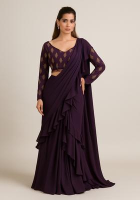 Violet Embroidered Blouse Georgette Pre Draped Saree Set