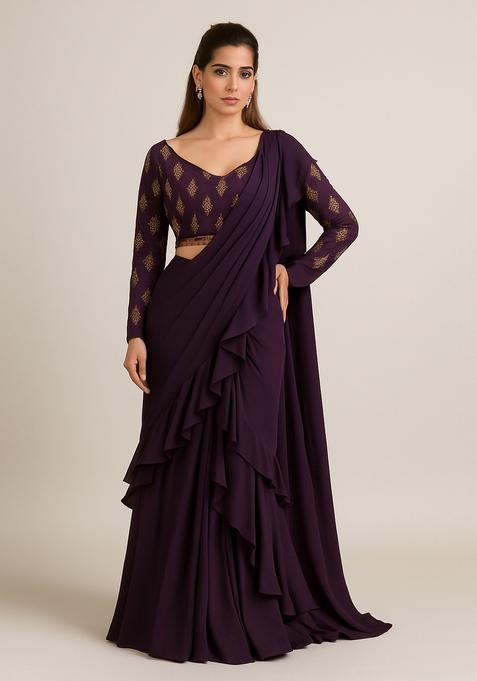 Violet Embroidered Blouse Georgette Pre Draped Saree Set