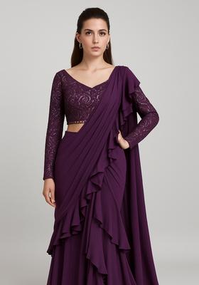 Purple Sequin Embroidered Blouse Georgette Pre Draped Saree Set