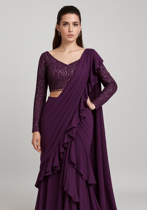 Purple Sequin Embroidered Blouse Georgette Pre Draped Saree Set