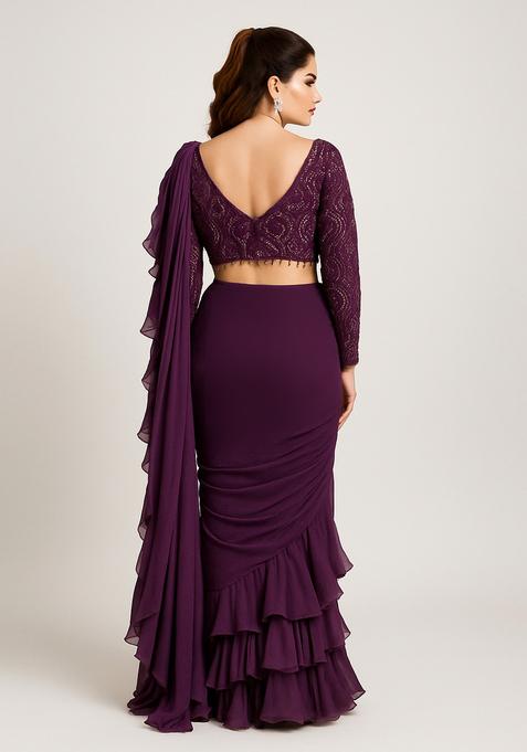 Purple Sequin Embroidered Blouse Georgette Pre Draped Saree Set