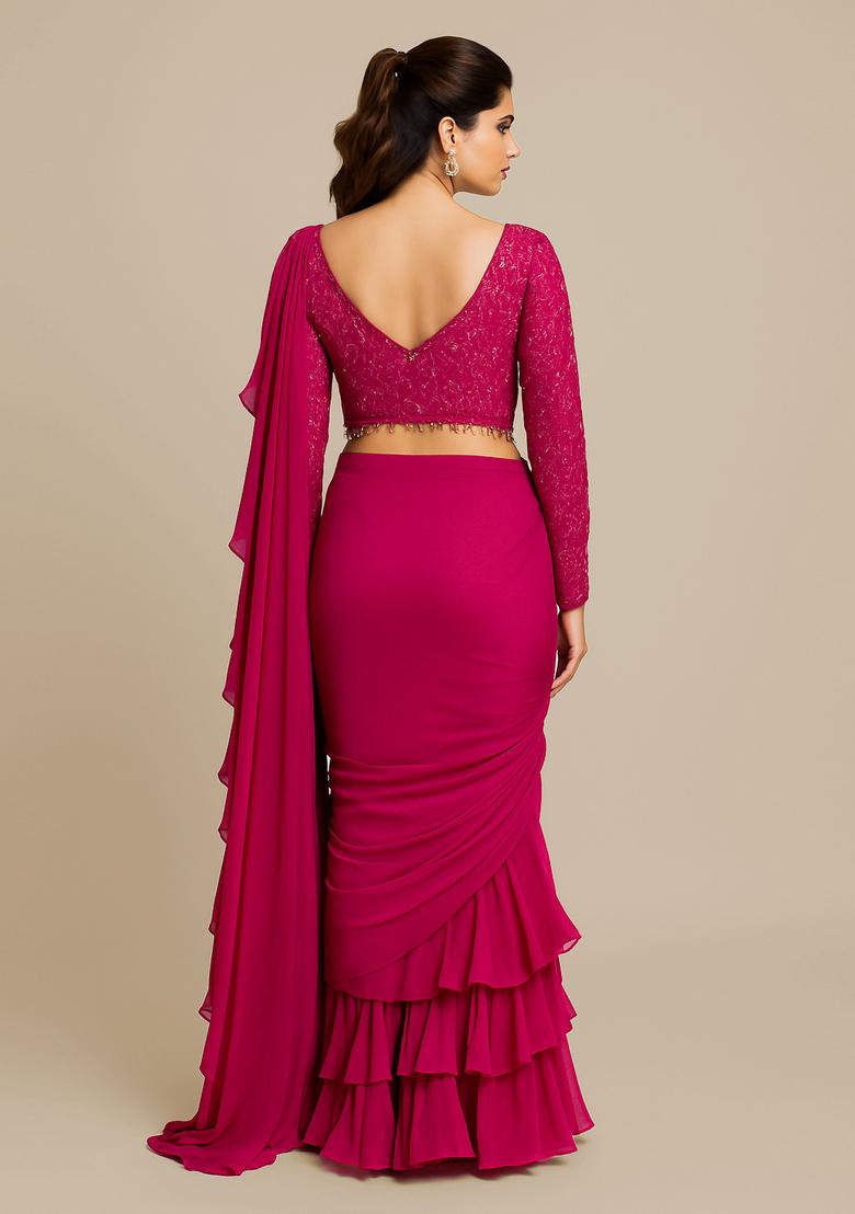 Hot Pink Embroidered Blouse Georgette Pre Draped Saree Set