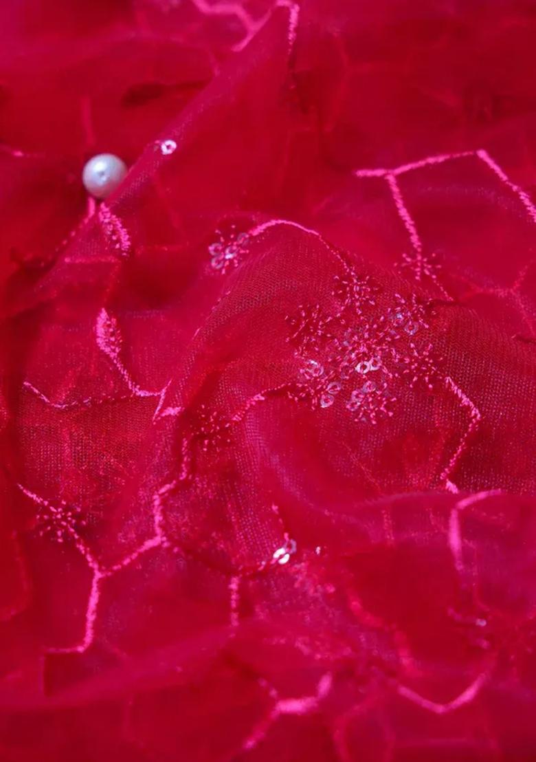 Hot Pink Embroidered Blouse Georgette Pre Draped Saree Set