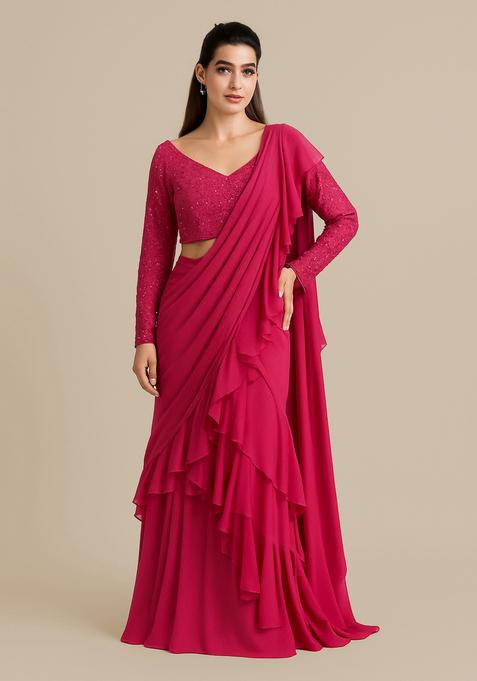 Hot Pink Embroidered Blouse Georgette Pre Draped Saree Set