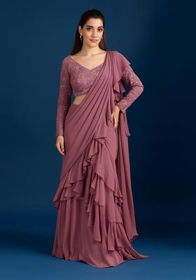 Mauve Embroidered Blouse Georgette Pre Draped Saree Set