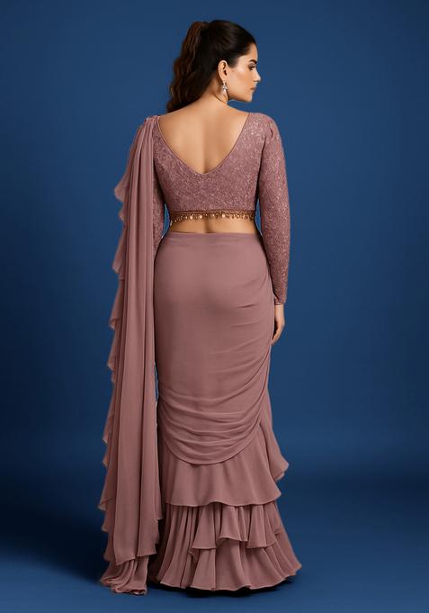 Mauve Embroidered Blouse Georgette Pre Draped Saree Set
