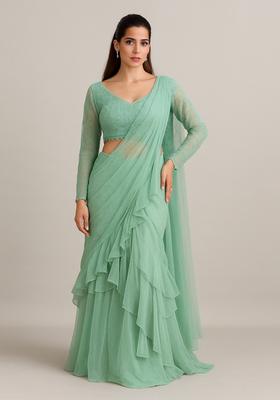 Sea Green  Embroidered Blouse Georgette Pre Drapped Saree Set