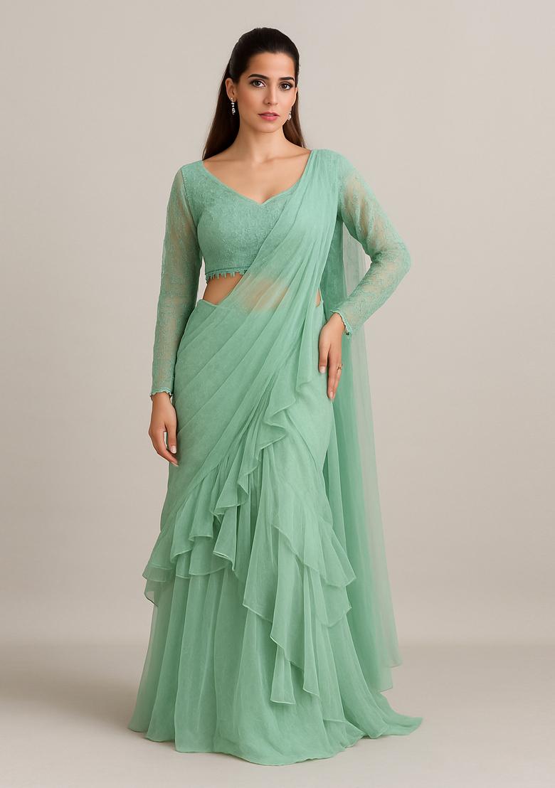 Sea Green Embroidered Blouse Georgette Pre Draped Saree Set