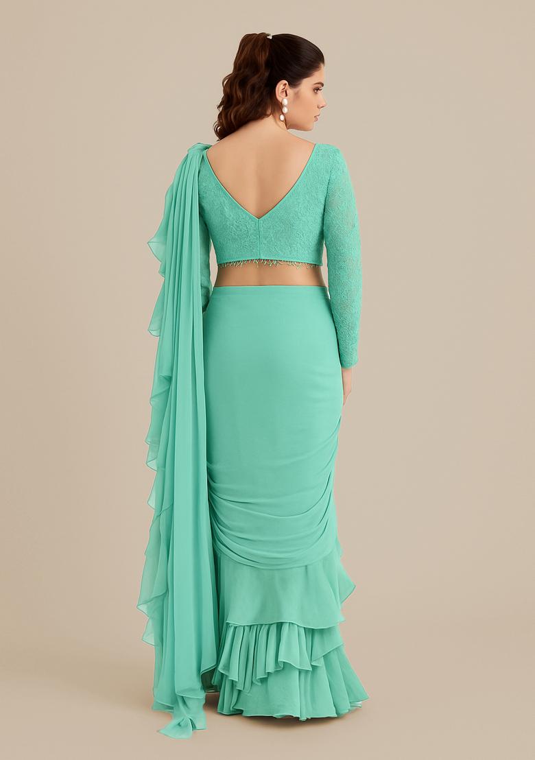 Sea Green Embroidered Blouse Georgette Pre Draped Saree Set