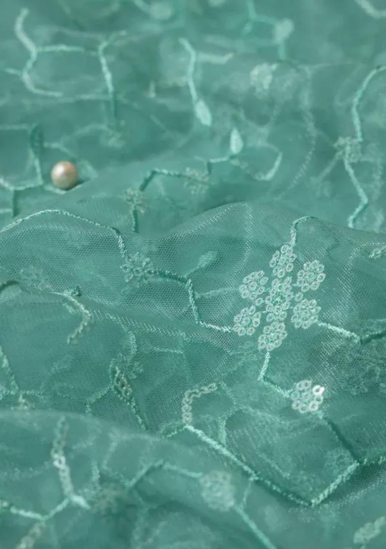 Sea Green Embroidered Blouse Georgette Pre Draped Saree Set