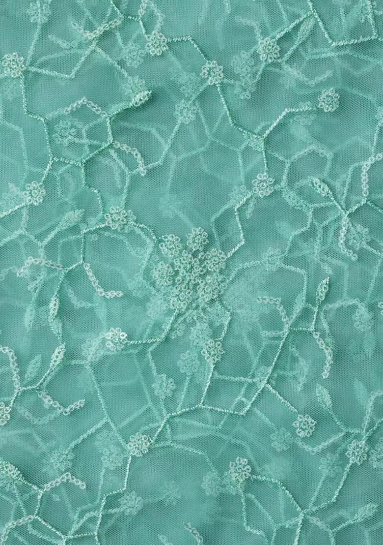 Sea Green Embroidered Blouse Georgette Pre Draped Saree Set