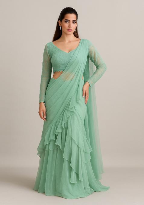 Sea Green Embroidered Blouse Georgette Pre Draped Saree Set