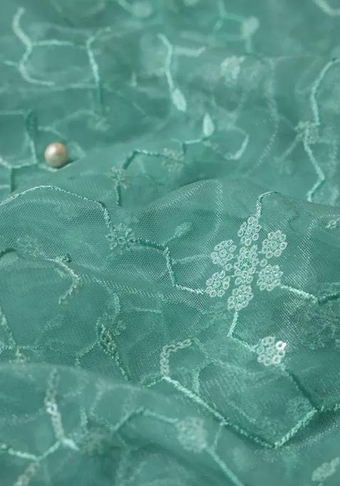 Sea Green Embroidered Blouse Georgette Pre Draped Saree Set