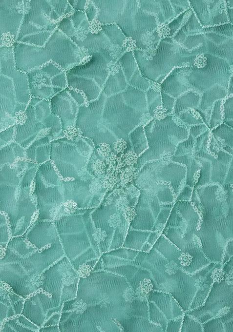 Sea Green Embroidered Blouse Georgette Pre Draped Saree Set