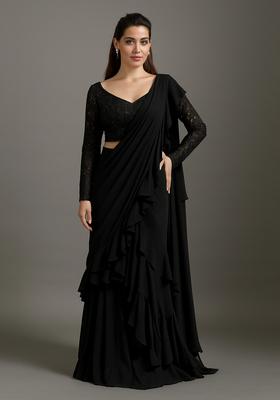Black Embroidered Blouse Georgette Pre Draped Saree Set