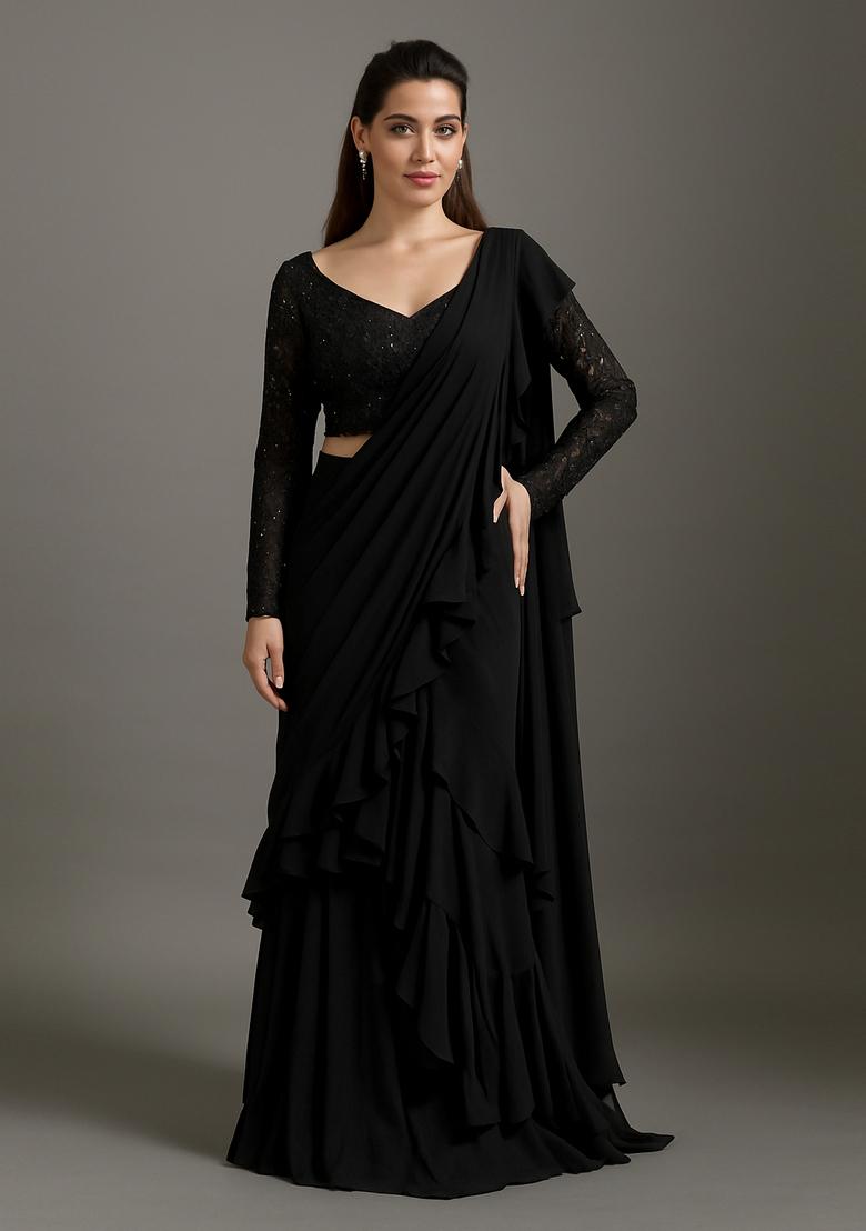 Black Embroidered Blouse Georgette Pre Draped Saree Set