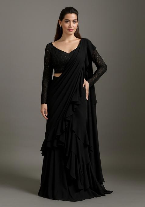 Black Embroidered Blouse Georgette Pre Draped Saree Set
