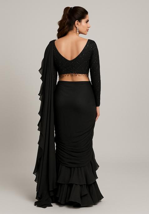 Black Embroidered Blouse Georgette Pre Draped Saree Set