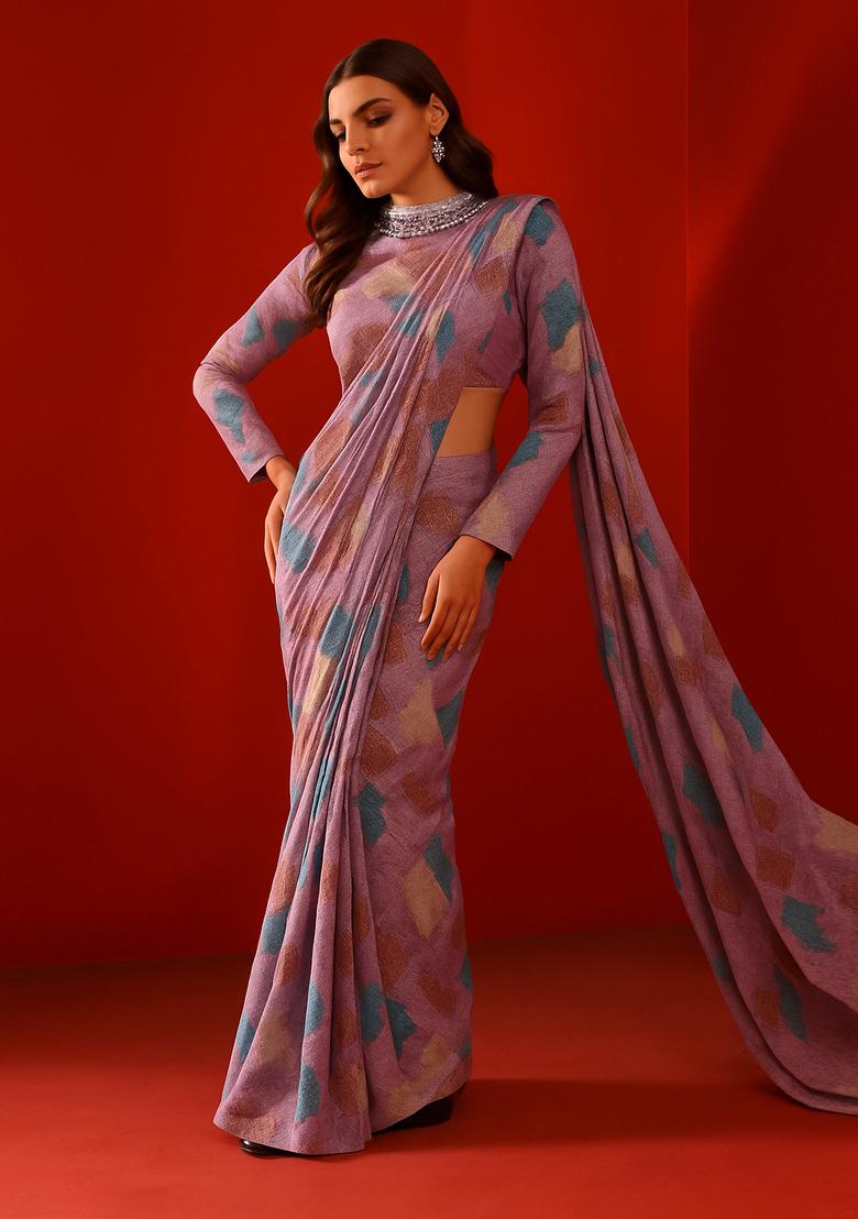 Multicolor Printed Crepe Pre Draped Saree Set