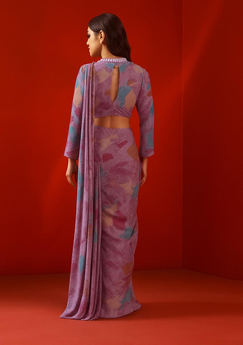 Multicolor Printed Crepe Pre Draped Saree Set