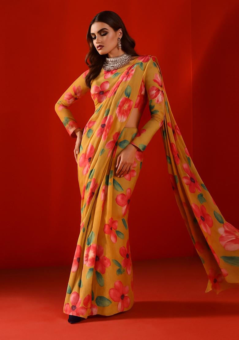 Multicolor Printed Crepe Pre Draped Saree Set