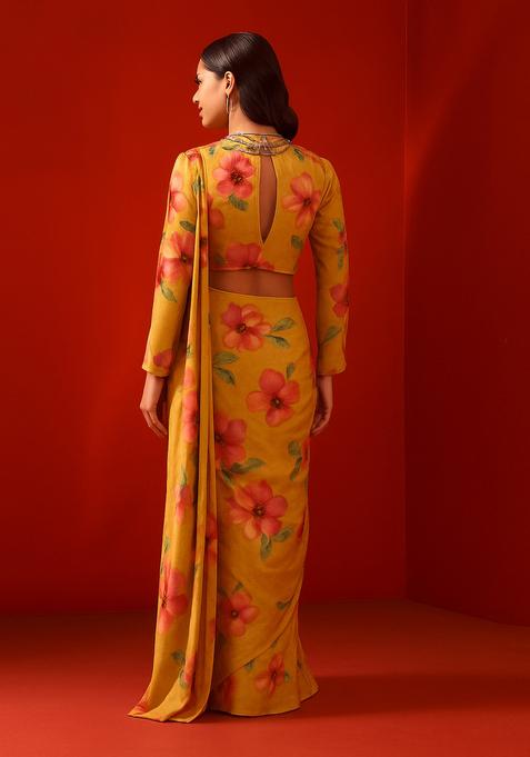 Multicolor Printed Crepe Pre Draped Saree Set