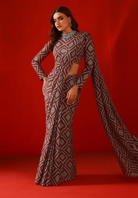 Brown And Olive Printed Crepe Pre Draped Saree Set