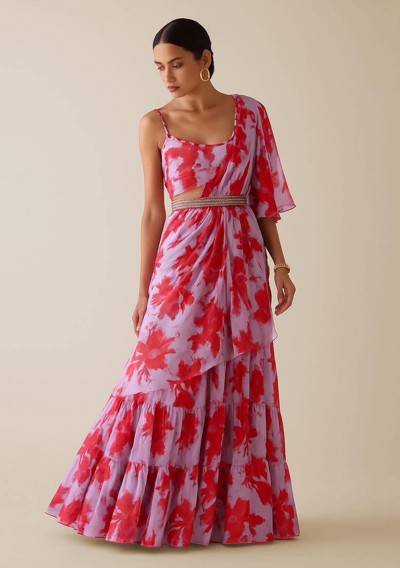 Red And White Printed Crepe Pre Draped Saree Set