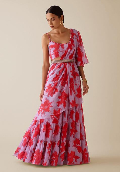 Red And White Printed Crepe Pre Draped Saree Set