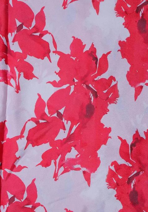 Red And White Printed Crepe Pre Draped Saree Set