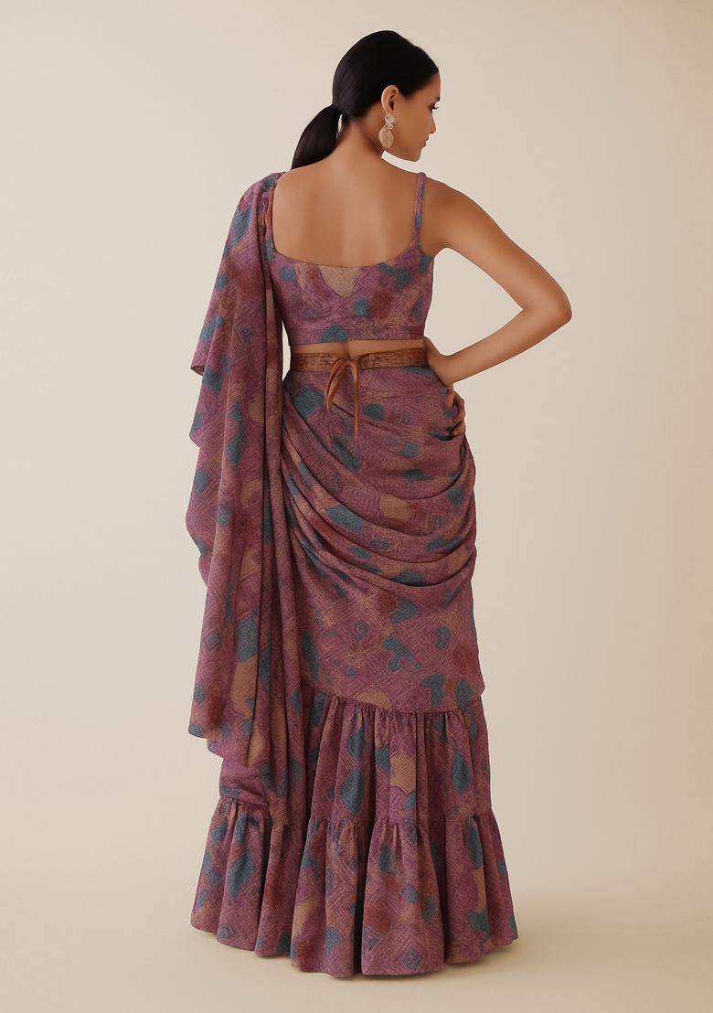Multicolor Printed Crepe Pre Draped Saree Set